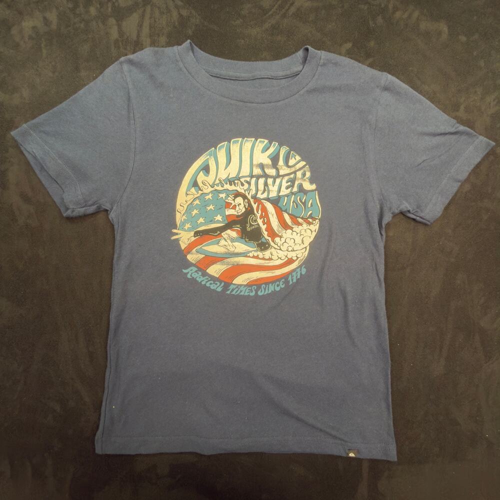 Quiksilver Boys S 10 Navy Lincoln Surfing Flag Graphic T-Shirt USA 1776